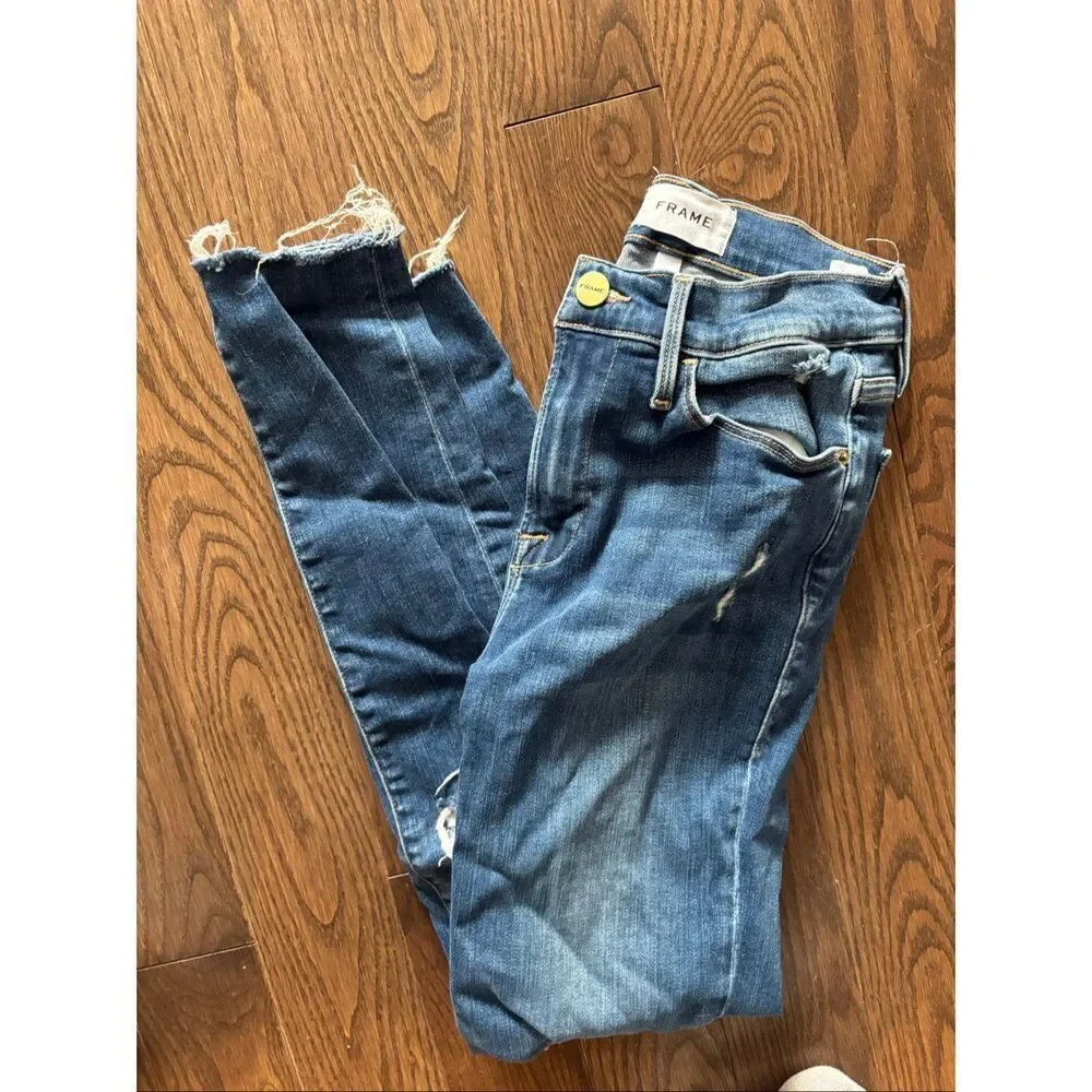 Frame Le High Skinny Crop Raw Hem Distressed Jean Size 25
